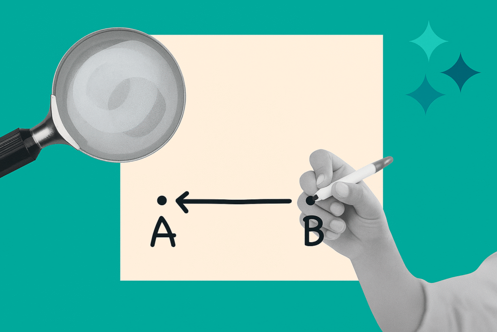 Hand drawing a directional link from point B to point A with a magnifying glass nearby, symbolizing contextual link building and relevance between two web pages.