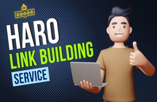 HARO Link Building Services in Oklahoma featuring a 3D character holding a laptop, promoting quality link building and SEO authority growth.