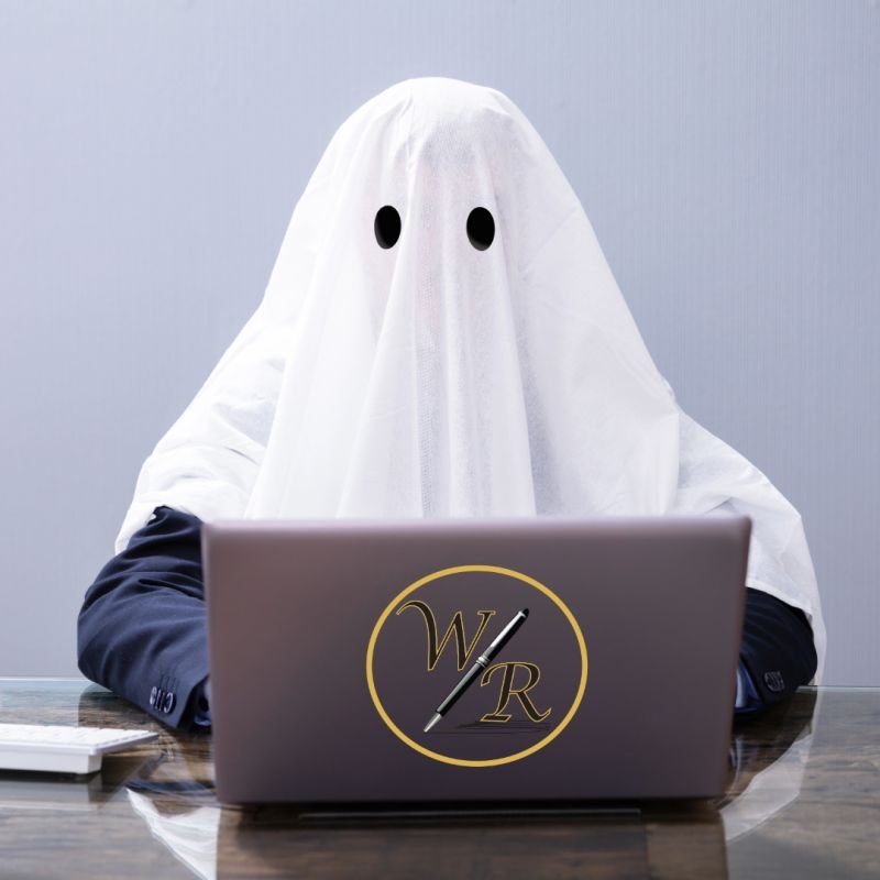 Ghostwriter symbolized by a person covered with a white sheet working on a laptop, representing the invisible writing process