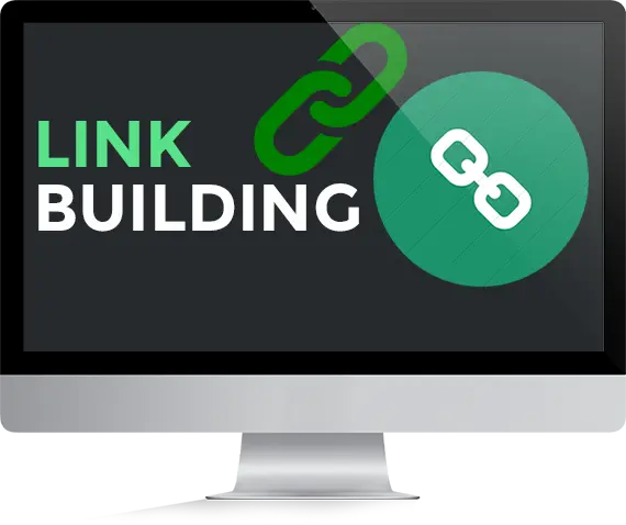 Computer screen displaying the words “Link Building” with a chain link icon, representing SEO backlink and link-building services.
