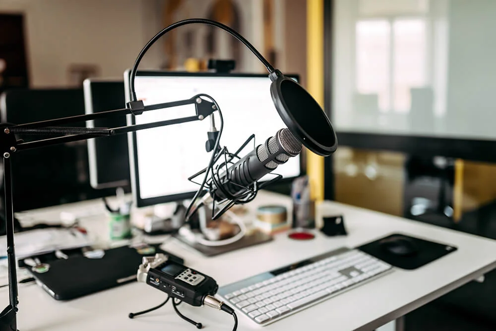 Professional podcast recording setup with microphone and laptop promoting podcast backlinks services by bigseo.net in Oklahoma.