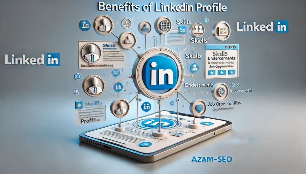 LinkedIn profile optimization benefits showing increased visibility, endorsements, skills, and job opportunities for professionals and businesses