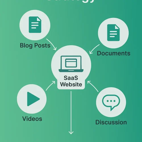 SaaS Backlinks Strategy infographic with blog posts, documents, videos, and discussions pointing to a central SaaS website, branded www.BigSEO.net.